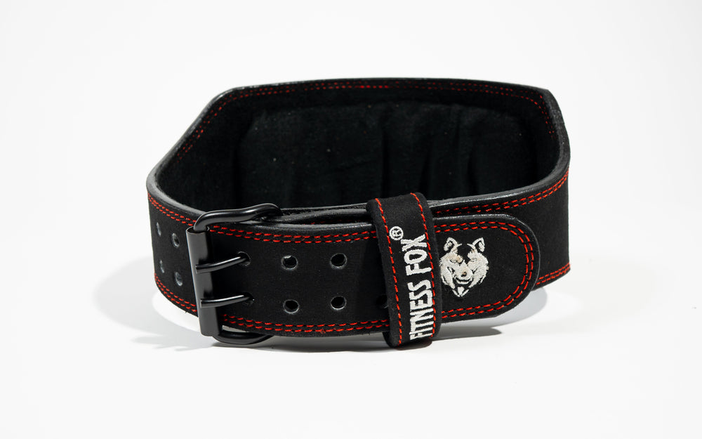 6-inch black suede lifting belt by Fitness Fox showing thickness and support