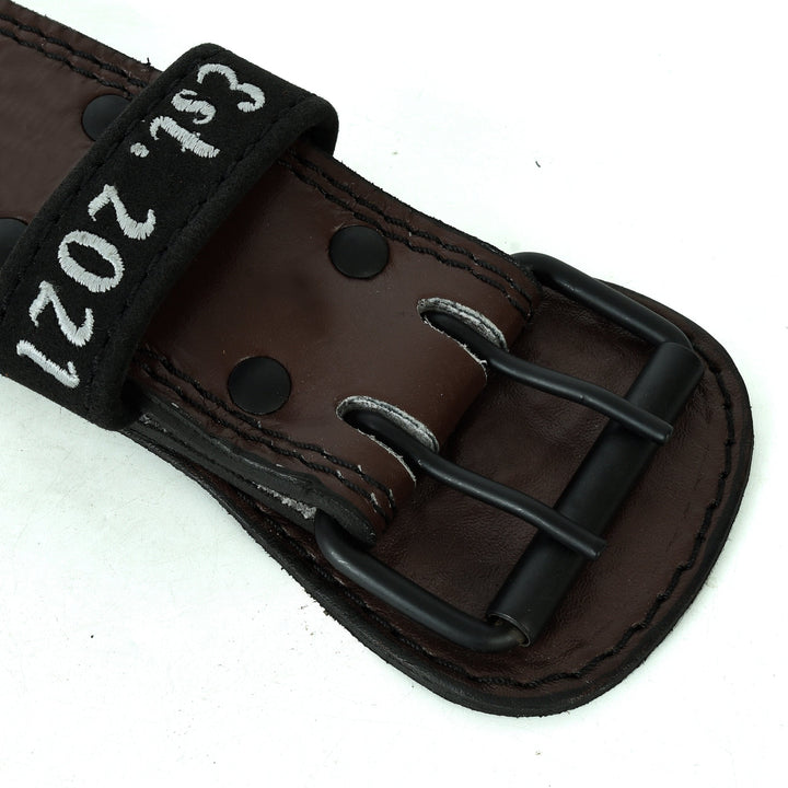 maroon leather belt with 4-inch lumbar support panel for squats and deadlifts