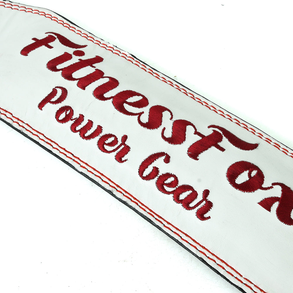 4-inch white/burgundy lifting belt by Fitness Fox showing thickness and firm core support