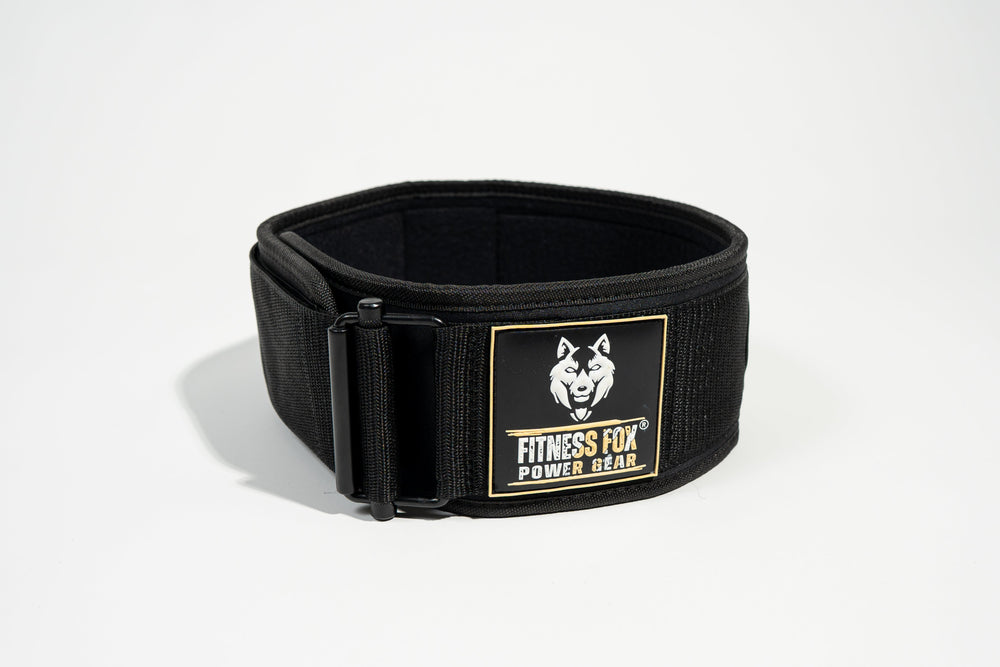 Angled view — quick-locking nylon/neoprene lifting belt in Black/Cream