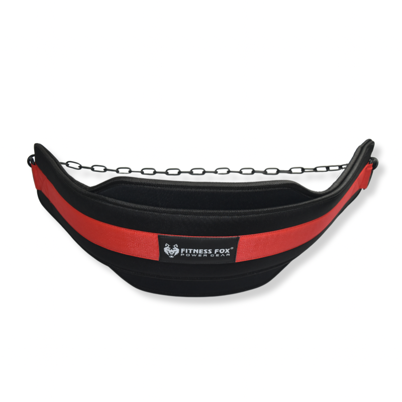 Fitness Fox dipping belt — 6-inch padded back support with steel chain, front view