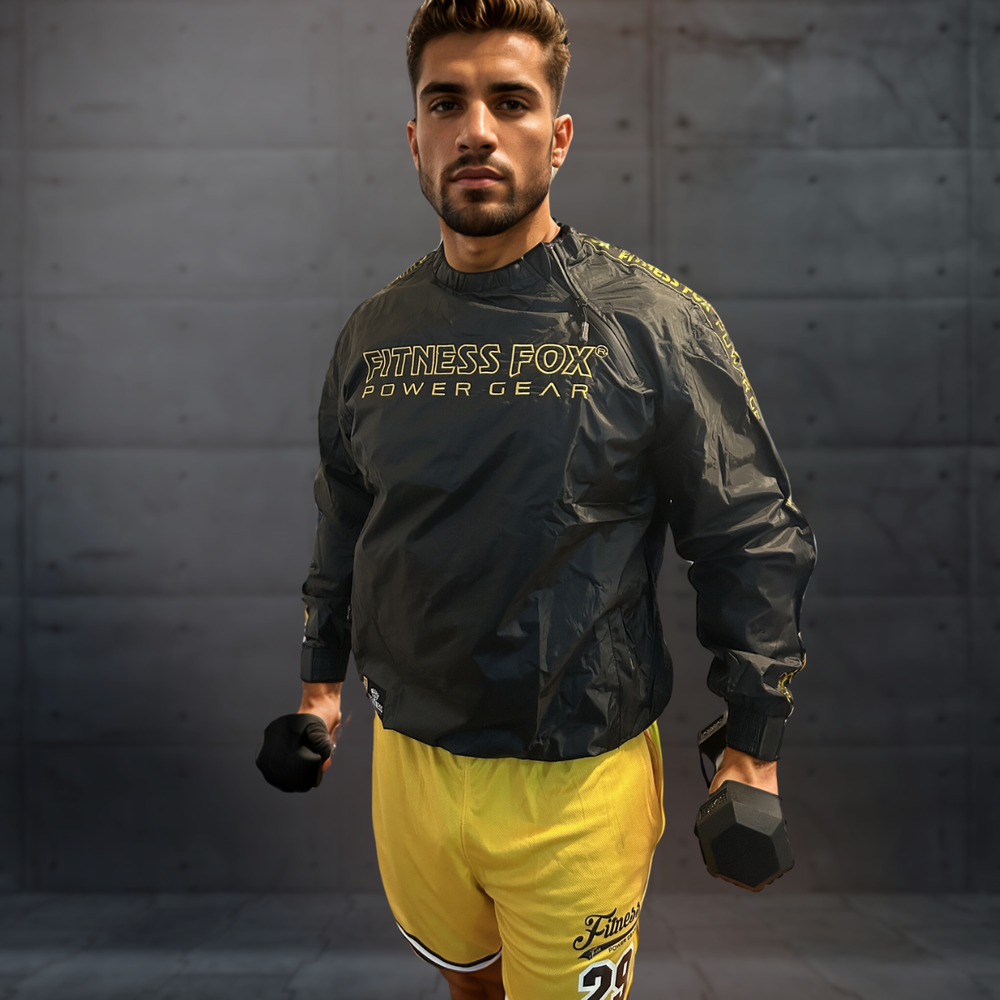 Side profile of the black sauna jacket showing anti-rip shell and adjustable wrist straps designed to retain heat while preserving comfortable mobility during workouts.
