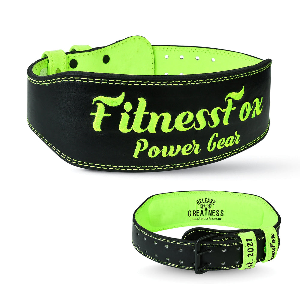 Angled view — 4-inch black leather weightlifting belt showing thickness and support