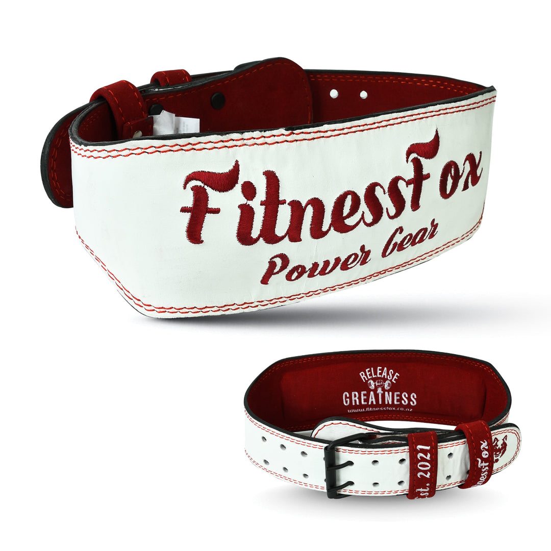 Fitness Fox 4-inch white/burgundy leather weightlifting belt with double-roller buckle, contoured support