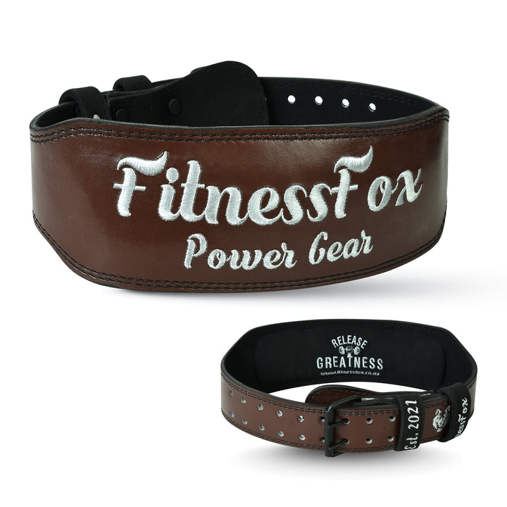 Fitness Fox 4-inch maroon leather weightlifting belt with double-roller buckle, contoured support
