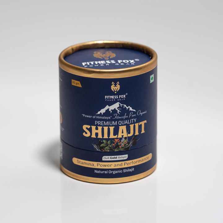 Fitness Fox Shilajit Gold 20 g jar with 250 mg scoop on kitchen bench, New Zealand product photo