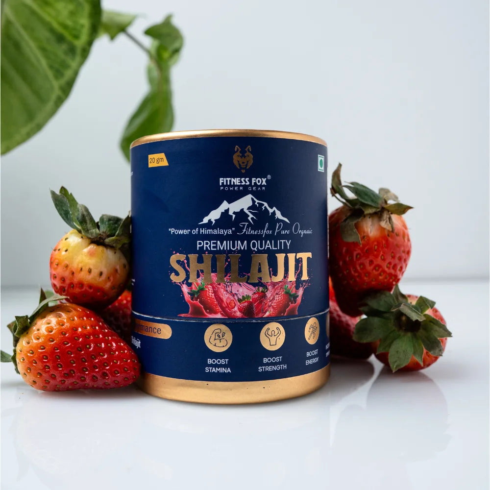 Fitness Fox Shilajit Strawberry 20 g jar with 250 mg scoop on kitchen bench, New Zealand product photo