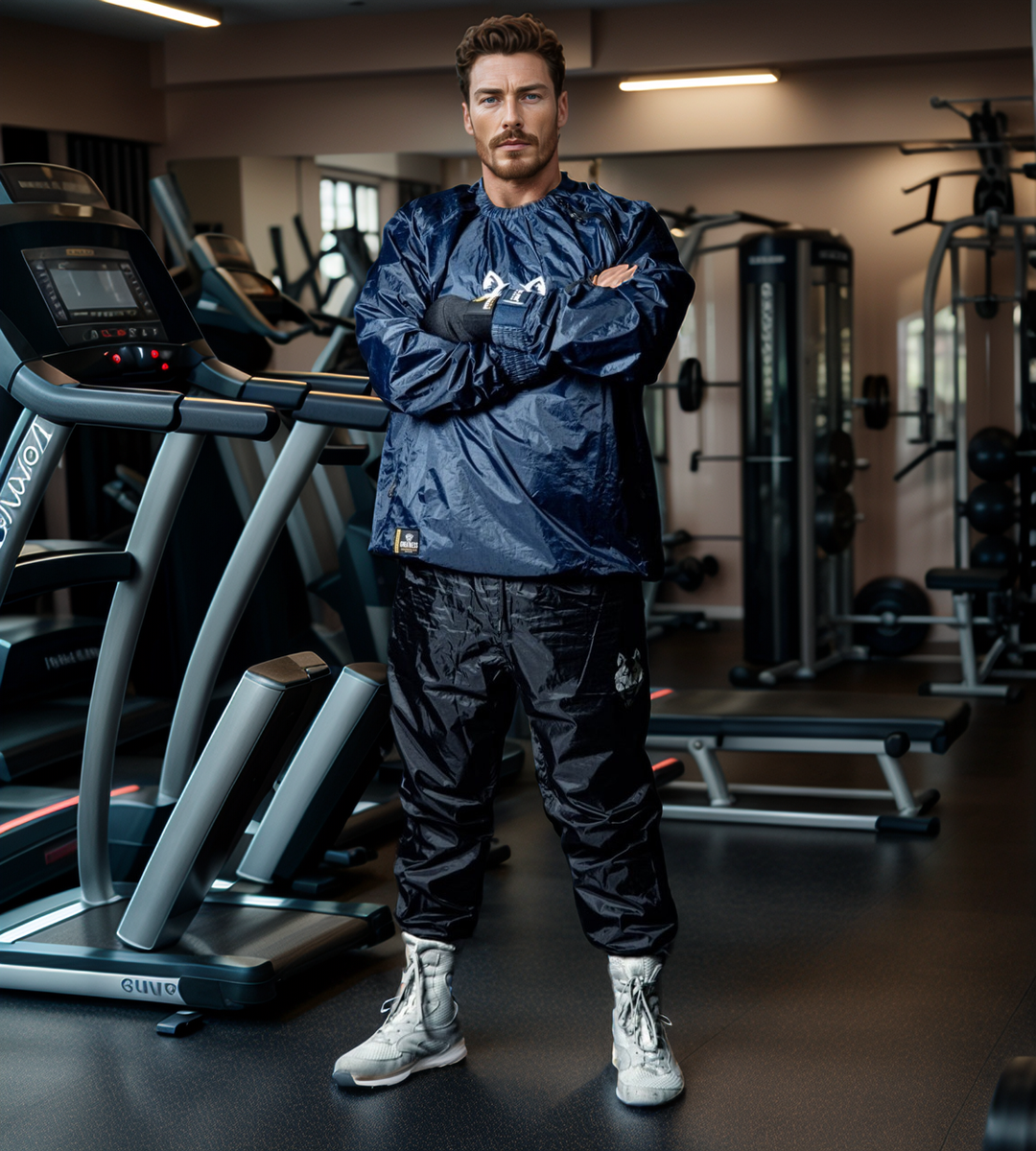 Front view of the navy Fitness Fox side-zip sauna jacket with white embroidery, highlighting rubberised lining and oversized athletic fit for heat-focused training sessions.