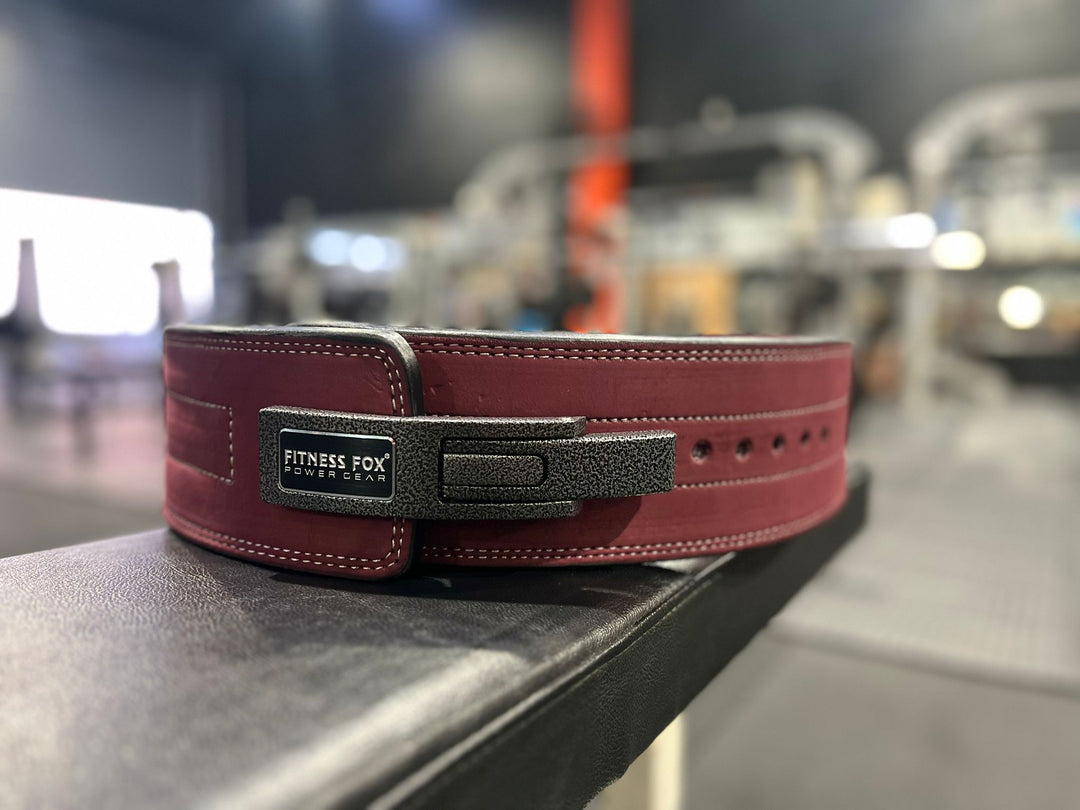 Durable 13mm burgundy suede leather lever belt by Fitness Fox for heavy lifting
