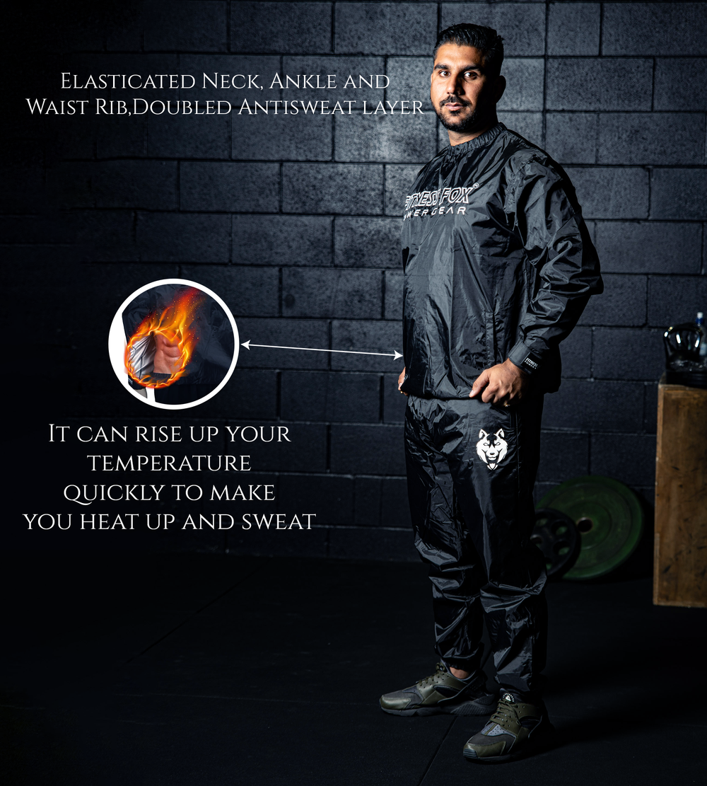 Side profile of the Black/White crew-neck sauna jacket showing durable outer shell and elasticated waist designed to retain heat while preserving comfortable movement.