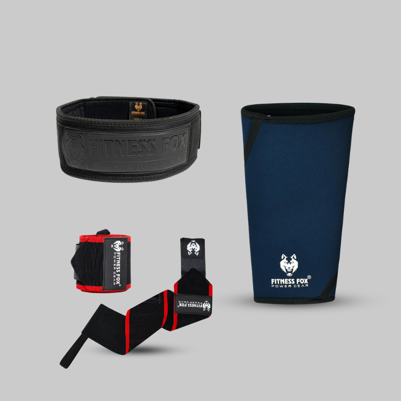Neopreen Belt + Red-Black Wrist Wrap + Knee Sleeves Bundles