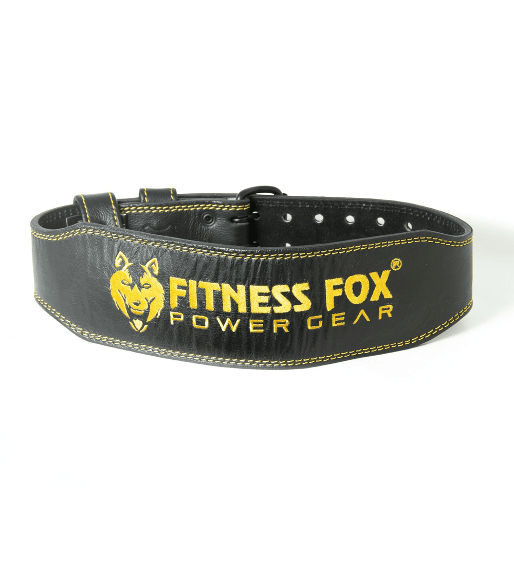 Durable 4" padded black leather lifting belt by Fitness Fox for heavy lifting