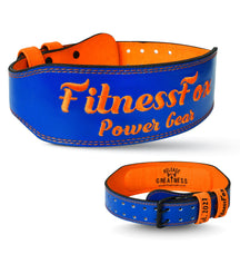 Fitness Fox 4-inch blue leather weightlifting belt with double-roller buckle, contoured 4-inch support