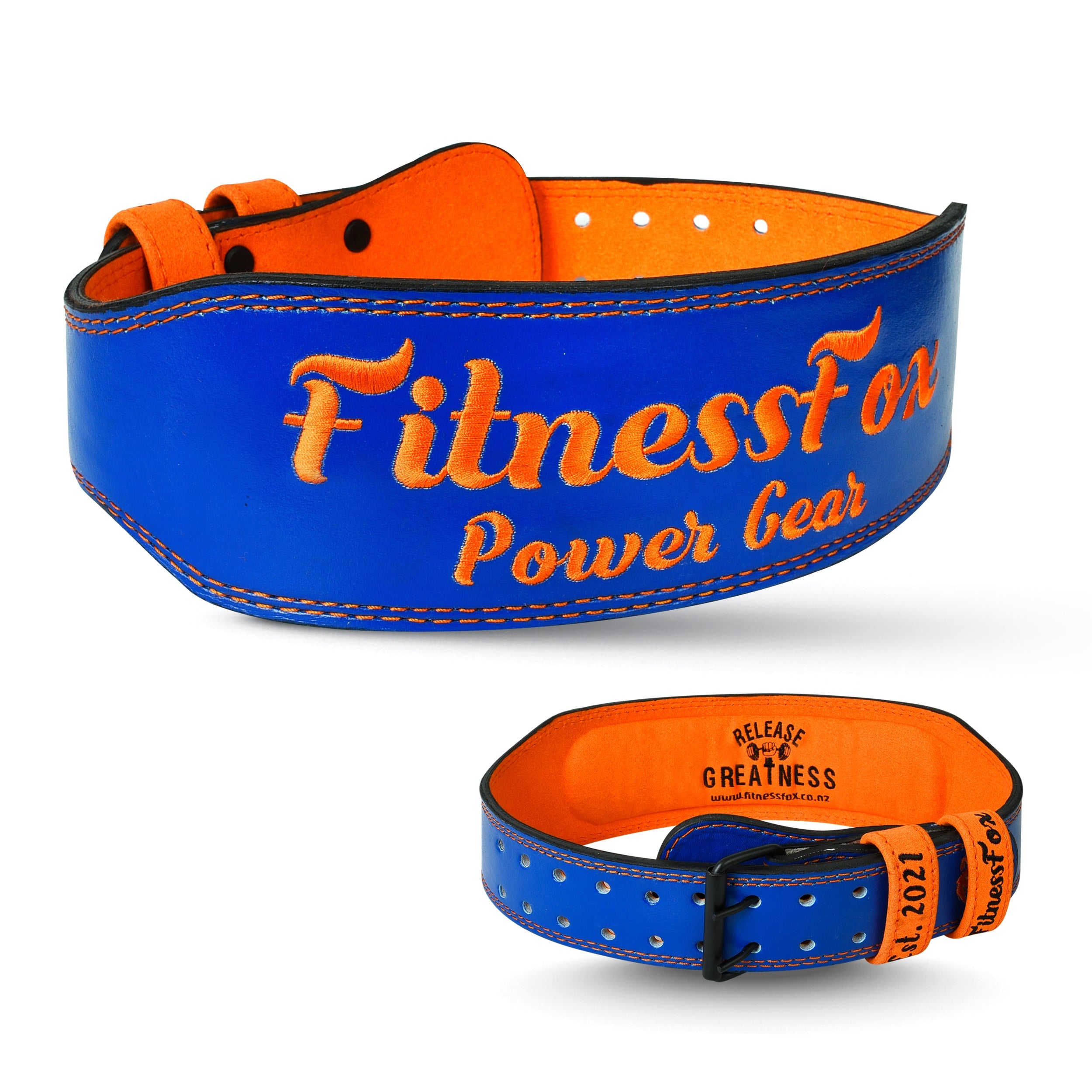 Fitness Fox 4-inch blue leather weightlifting belt with double-roller buckle, contoured 4-inch support