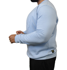 Comfortable light blue embossed crew neck sweater by Fitness Fox for gym and casual use