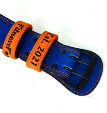 blue leather belt with 4-inch lumbar support panel for squats and deadlifts