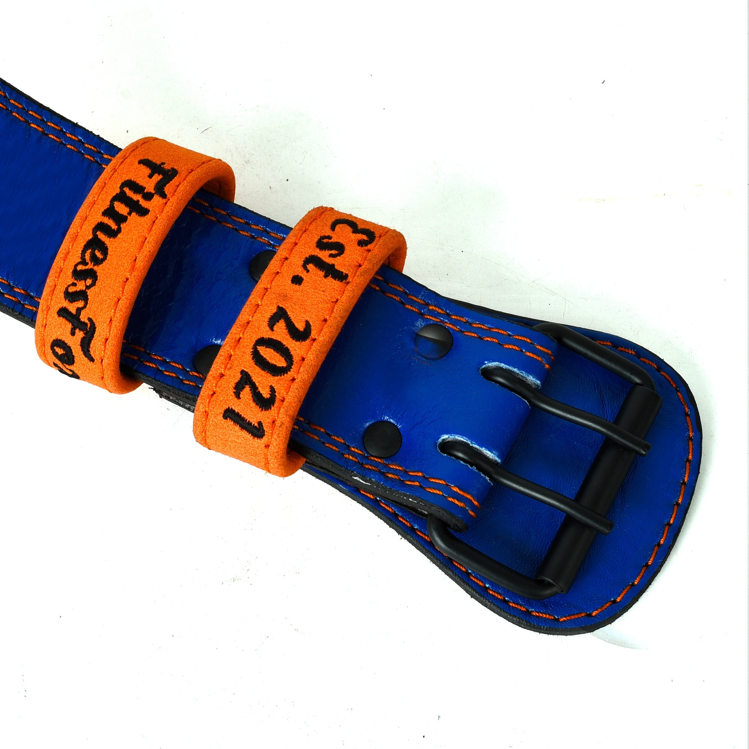 blue leather belt with 4-inch lumbar support panel for squats and deadlifts