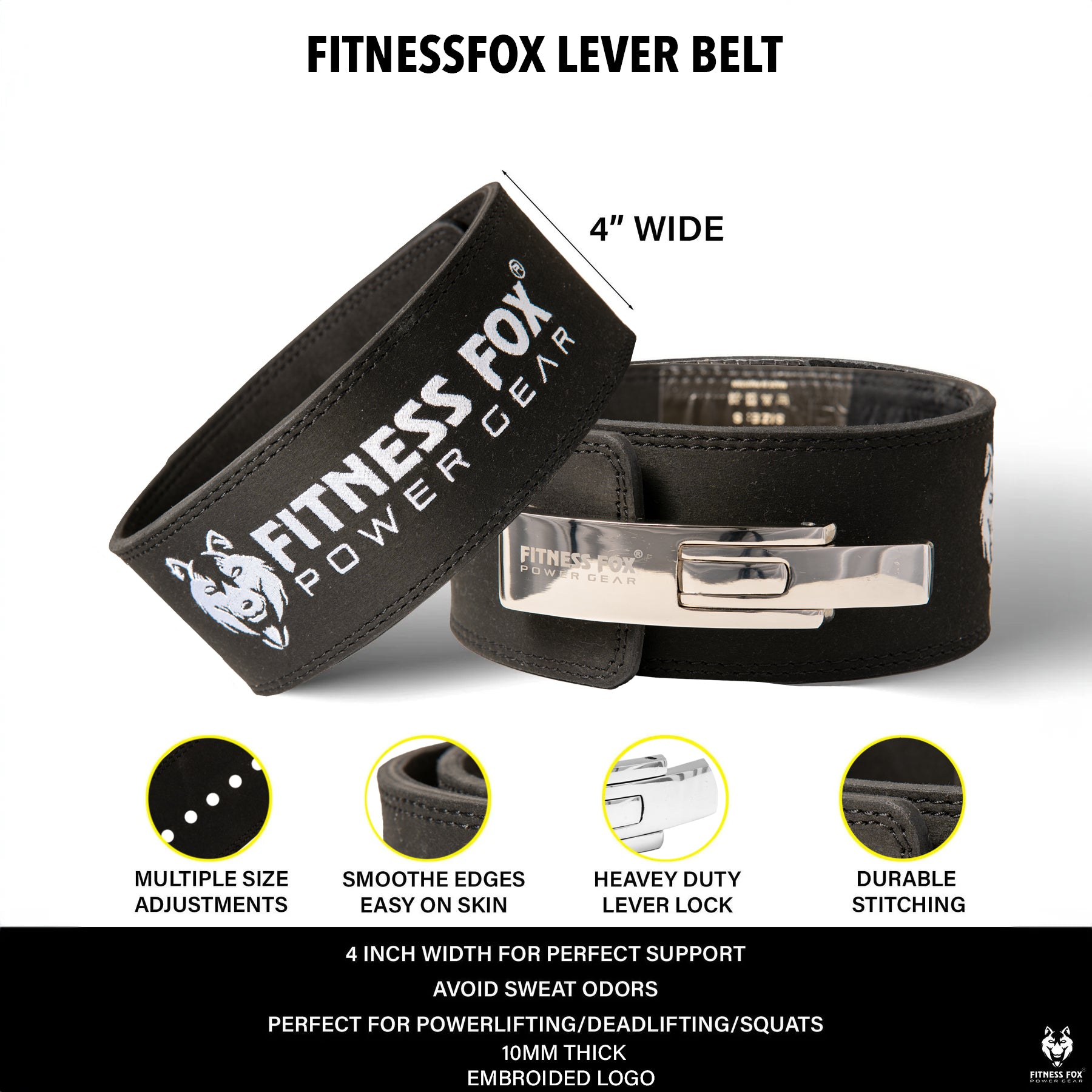 FITNESS FOX 10MM Lever Weightlifting Belt with Suede Skin