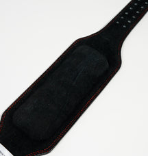 6-inch black suede lifting belt rolled for gym bag, compact storage