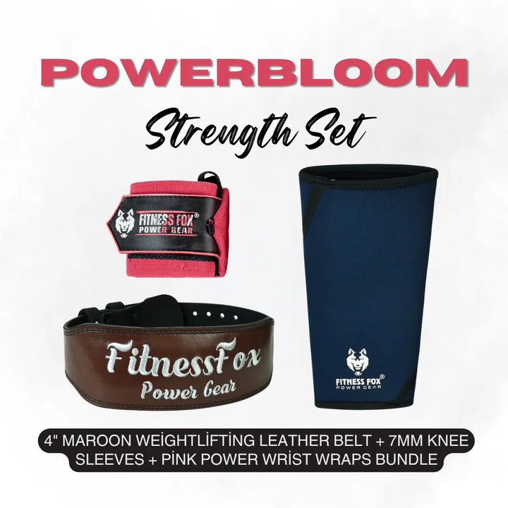 4" Maroon Weightlifting Leather Belt + 7mm Knee Sleeves + Pink Power Wrist Wraps Bundle