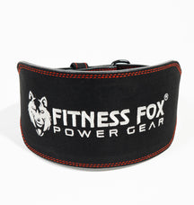 Fitness Fox 6-inch black suede leather weightlifting belt with buckle, full front