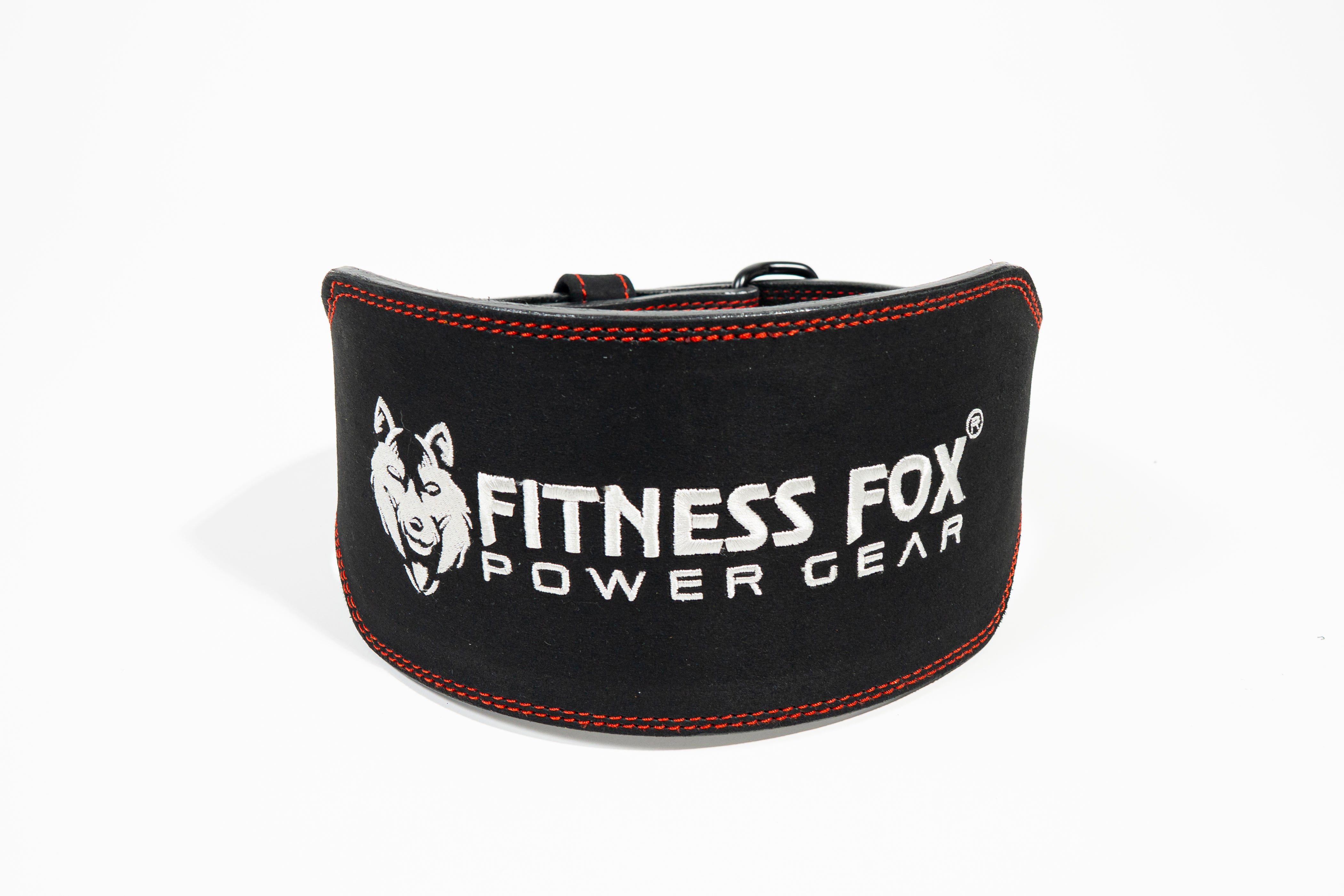 Fitness Fox 6-inch black suede leather weightlifting belt with buckle, full front