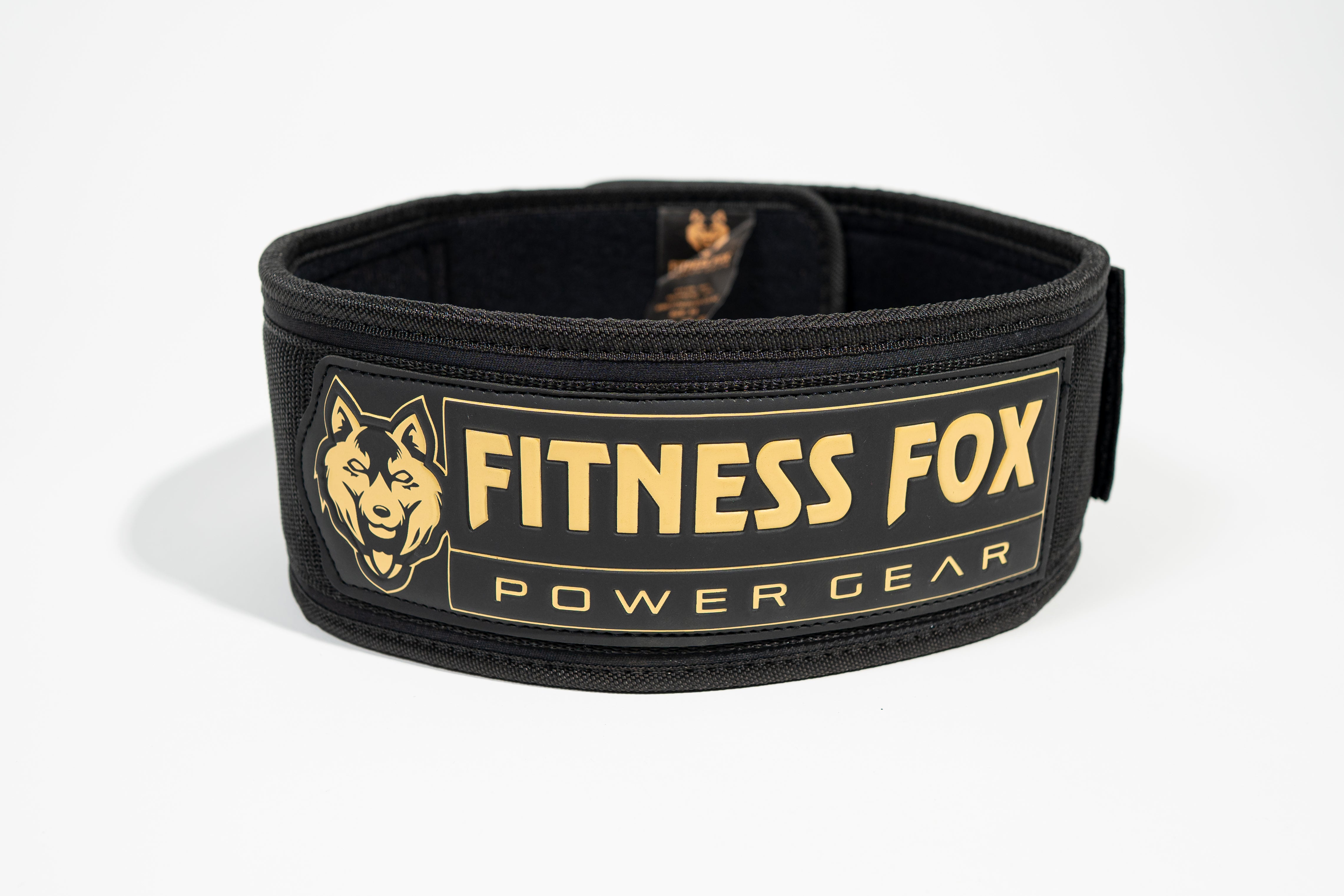 Fitness Fox quick-locking weightlifting belt, Black/Cream — front view with buckle
