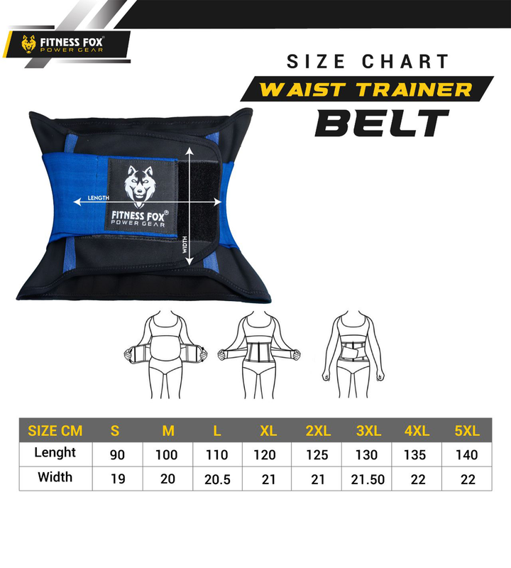 “Angled flat-lay of Blue and Black Fitness Fox waist trainer highlighting reinforced stitching and durable elastic body for consistent core support.”