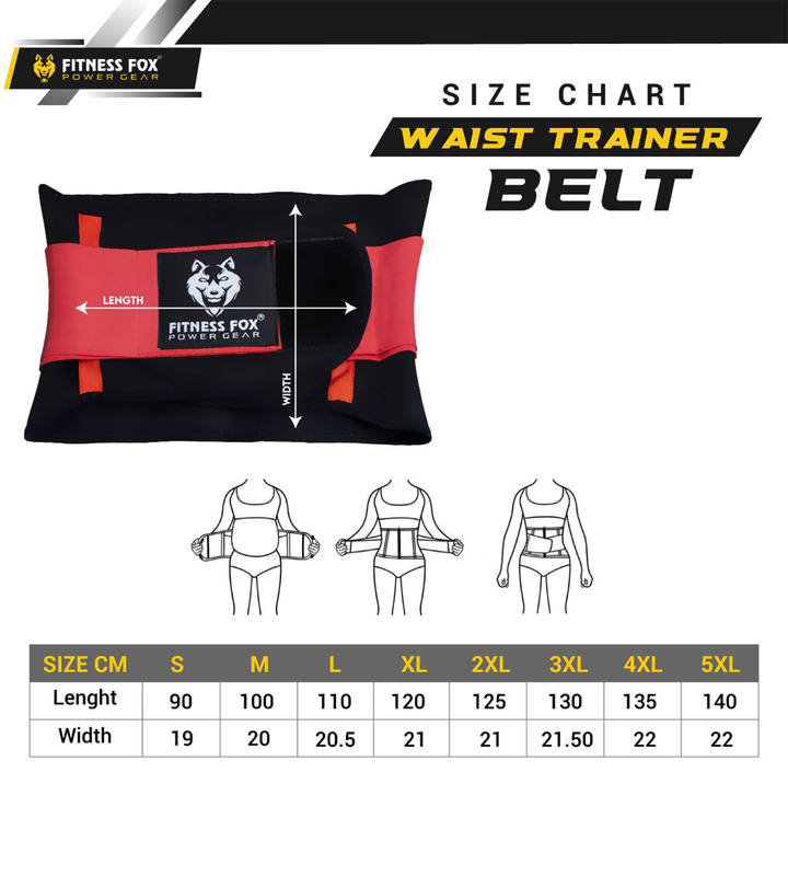 “Angled flat-lay of red and black Fitness Fox waist trainer belt highlighting reinforced stitching and durable elastic body for consistent core support.”