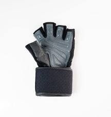 “Angled side profile of black and grey Fitness Fox gym gloves highlighting breathable polyester back panel with adjustable wrist strap for customizable tightness.”