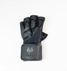 “Angled side profile of black leather gym gloves highlighting breathable polyester back panel and adjustable wrist strap for customized tightness during training.”