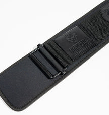 Angled view — quick-locking nylon/neoprene lifting belt in Black (Blackout edition)