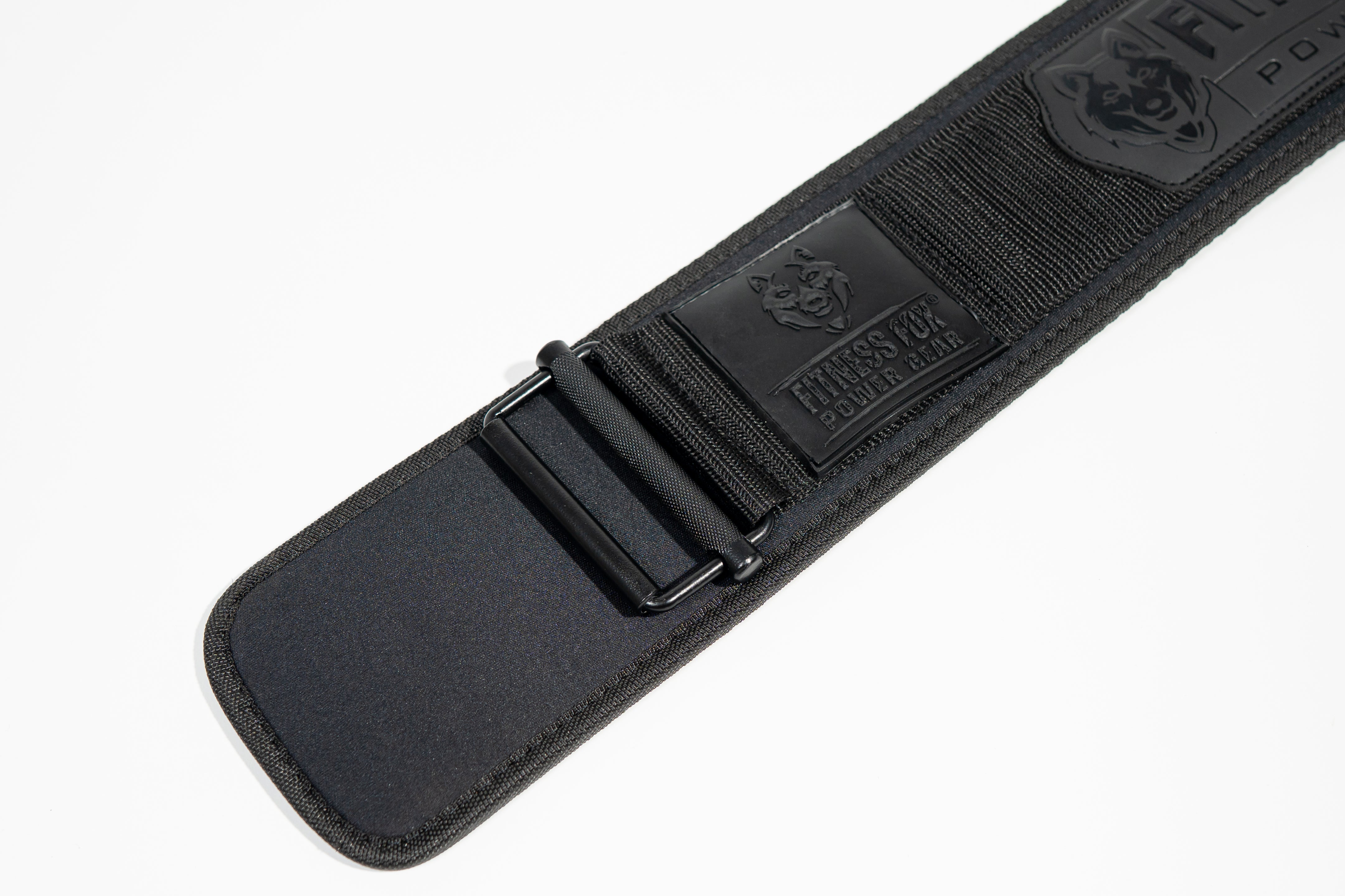 Angled view — quick-locking nylon/neoprene lifting belt in Black (Blackout edition)