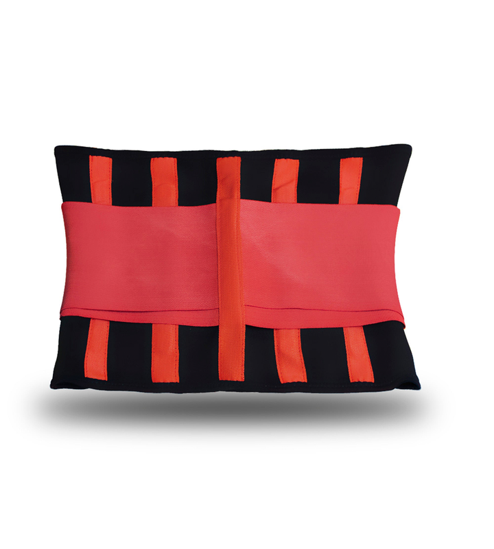 “Back view of Fitness Fox waist trainer belt wrapped around torso, showing even contact and secure closure for confident lifting technique.”