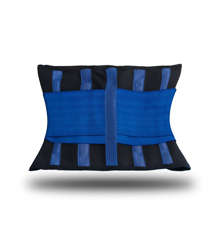 “Back view of Fitness Fox waist trainer belt wrapped around torso, showing even contact and secure closure for confident lifting technique and setup.”