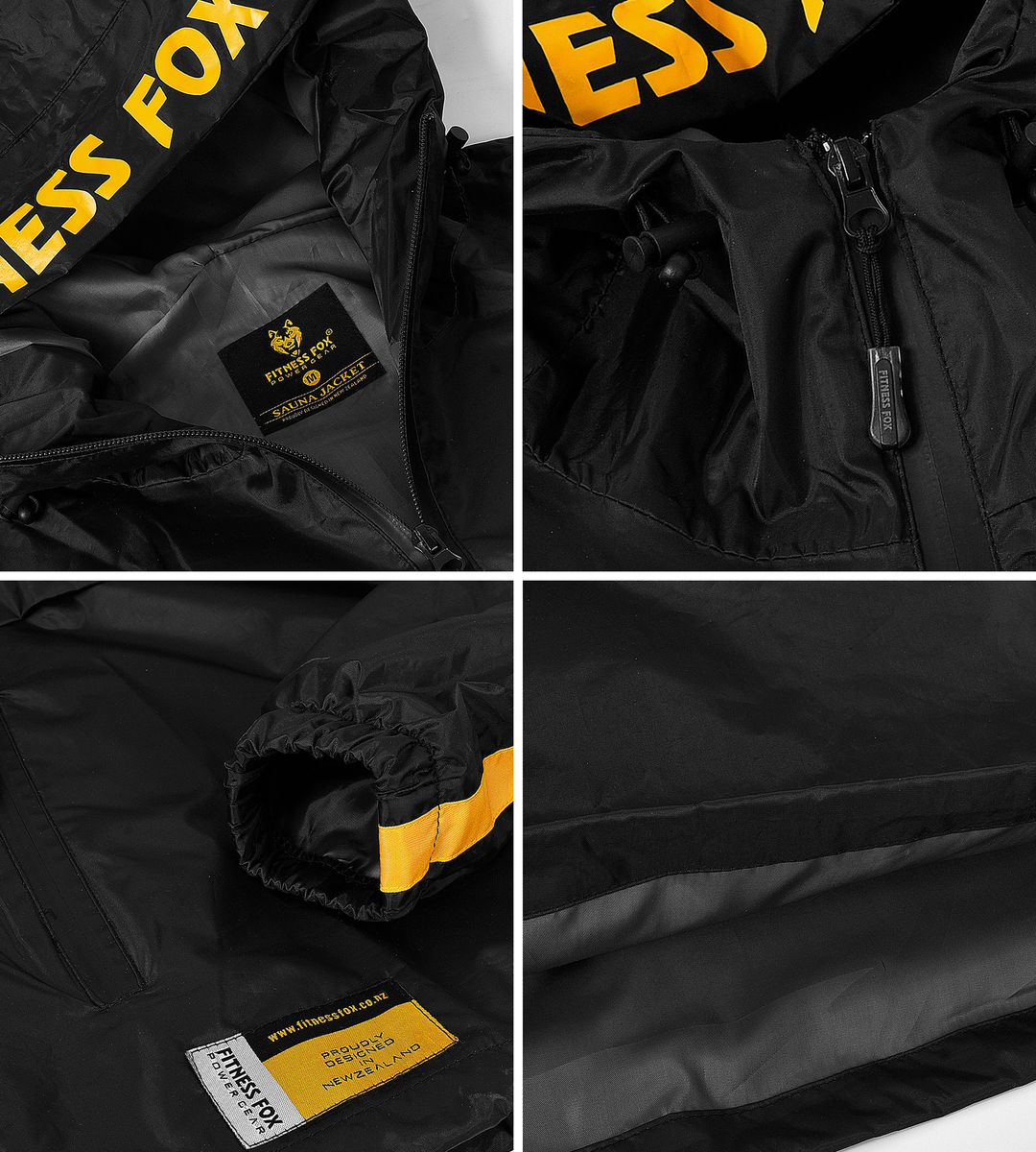 “Back view of black/yellow unisex sauna pants from Fitness Fox showing relaxed training fit designed to layer over base tights.”