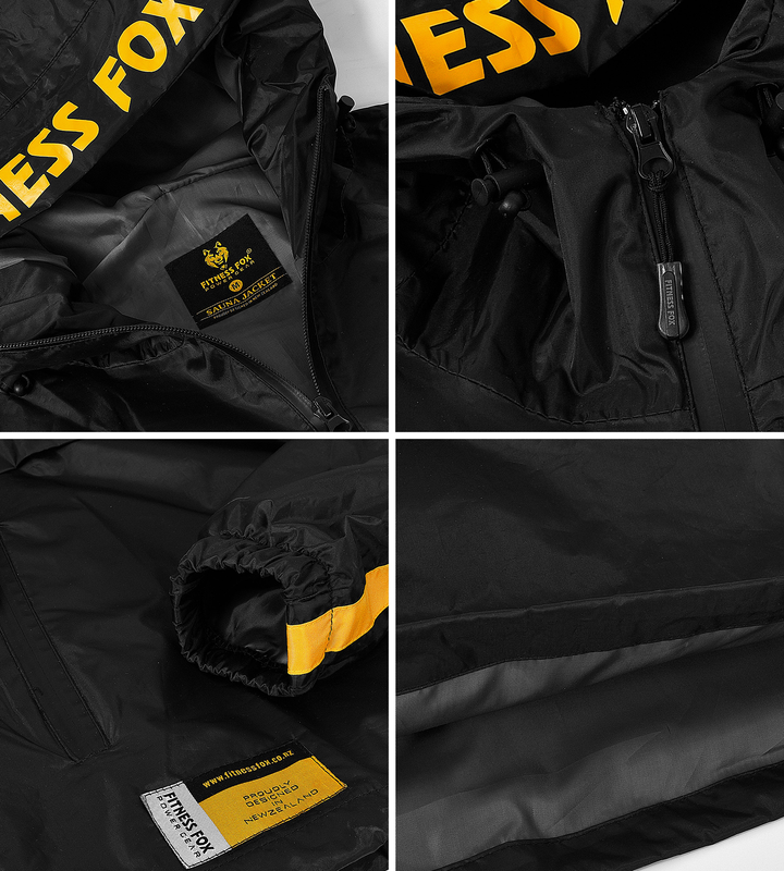 “Back view of black/yellow unisex sauna pants from Fitness Fox showing relaxed training fit designed to layer over base tights.”