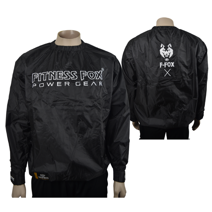 Back view of the Fitness Fox sauna jacket in black with white accents, featuring clean seams and a unisex silhouette suited to varied body types. 