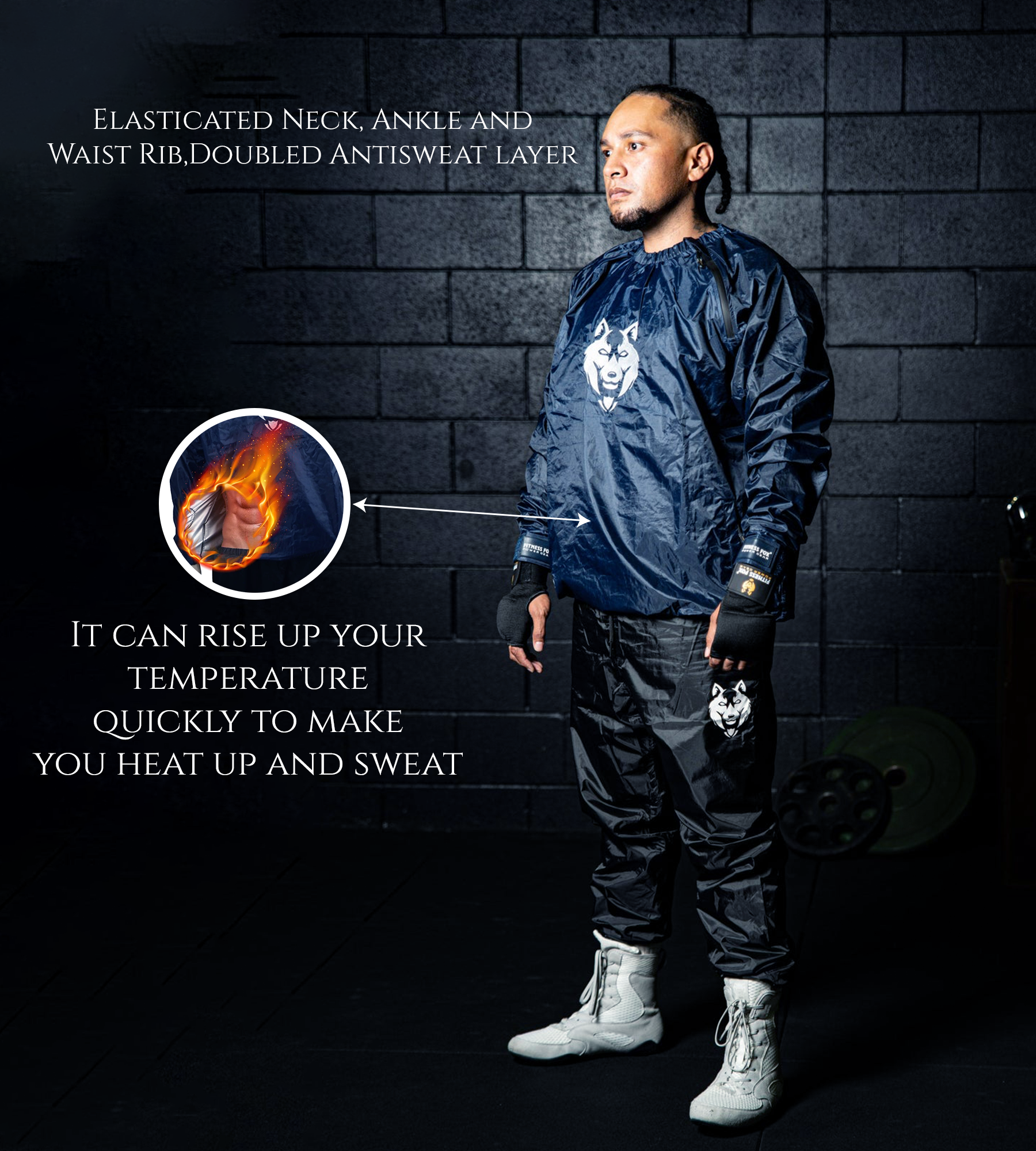 Back view of the Fitness Fox sauna jacket in navy with white details, featuring clean seams and a unisex silhouette suited to varied body types and sizes.