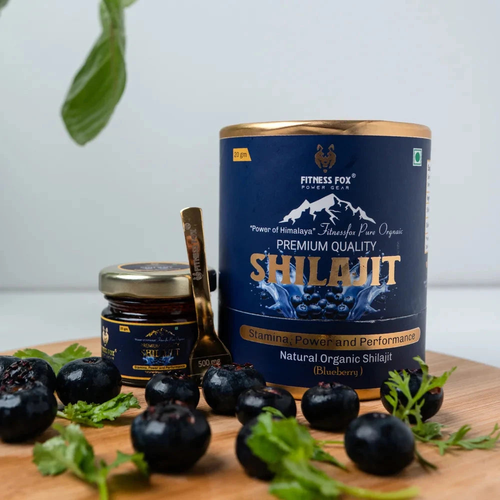 Blueberry-flavoured shilajit resin on quarter-scoop (~250 mg) ready to mix, New Zealand