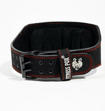 Fitness Fox logo detail on black suede leather weightlifting belt