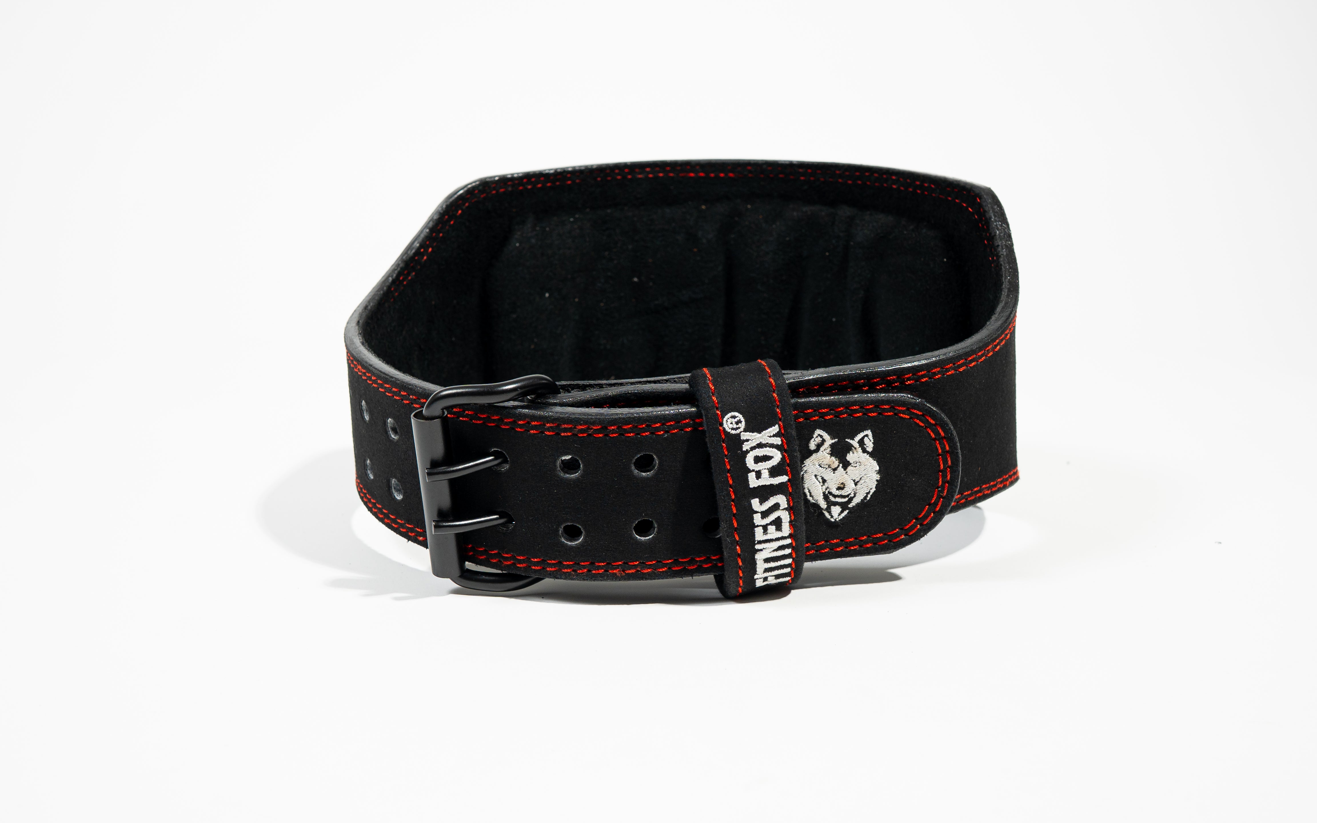 Fitness Fox logo detail on black suede leather weightlifting belt