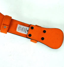 close-up of black steel double-roller prong and double-stitched edges on the blue belt