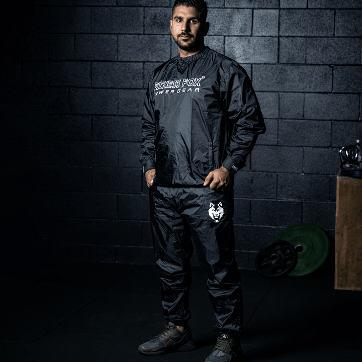 FITNESSFOX Crew Neck Sauna  JACKET (Black/White Embriodery) End of Line Clearance