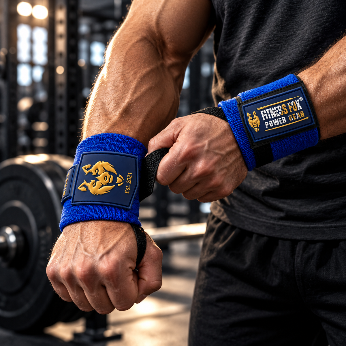 Blue with Goldwrist wraps.
