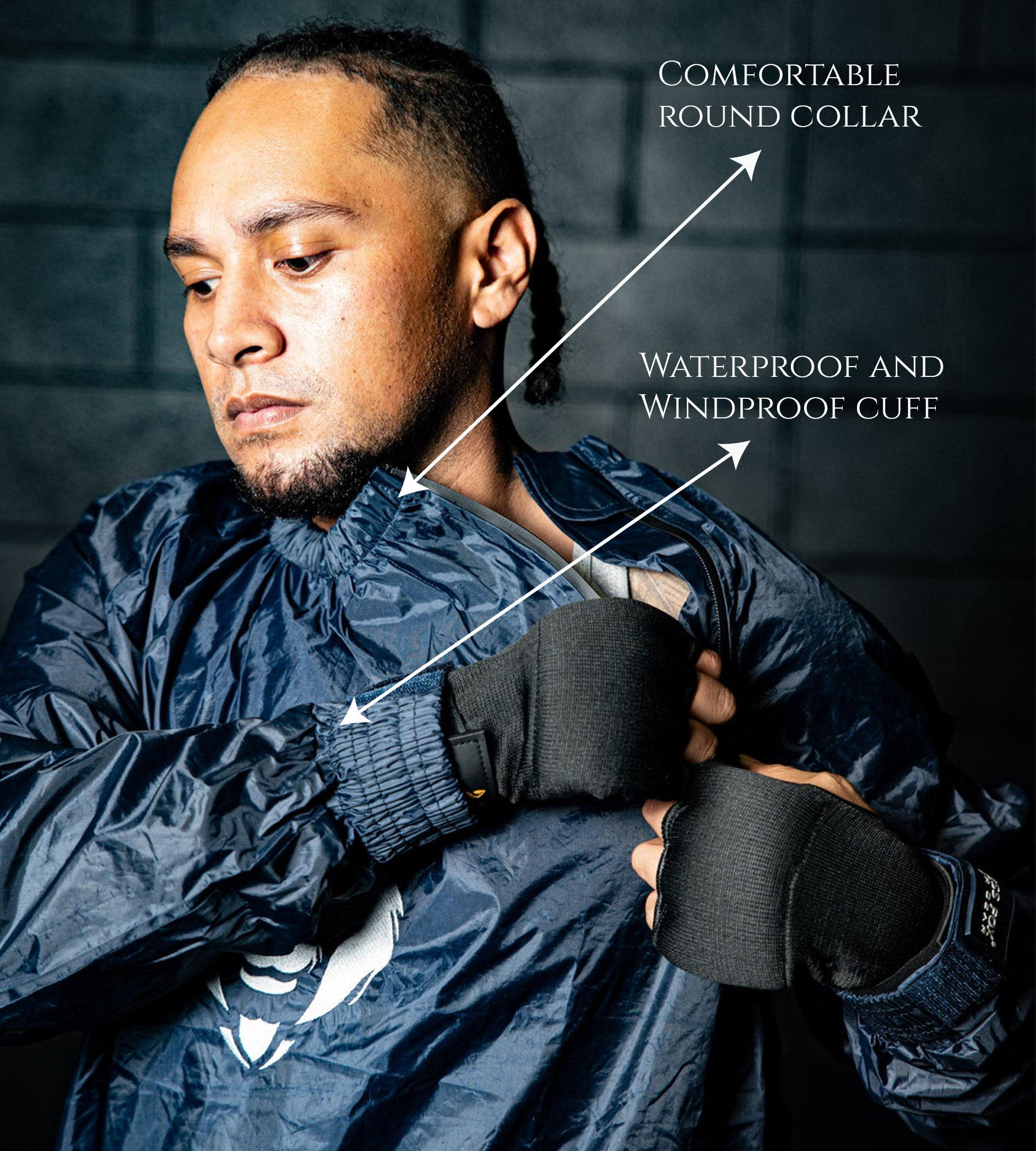 Close-up of the coated interior lining and stitched logo embroidery, emphasizing sweat retention, durable construction, and easy hand-wash, air-dry garment care instructions.