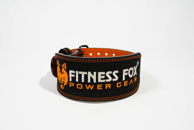 Front view — Fitness Fox 4-inch black suede leather weightlifting belt, front view with embroidered logo, NZ gym gear