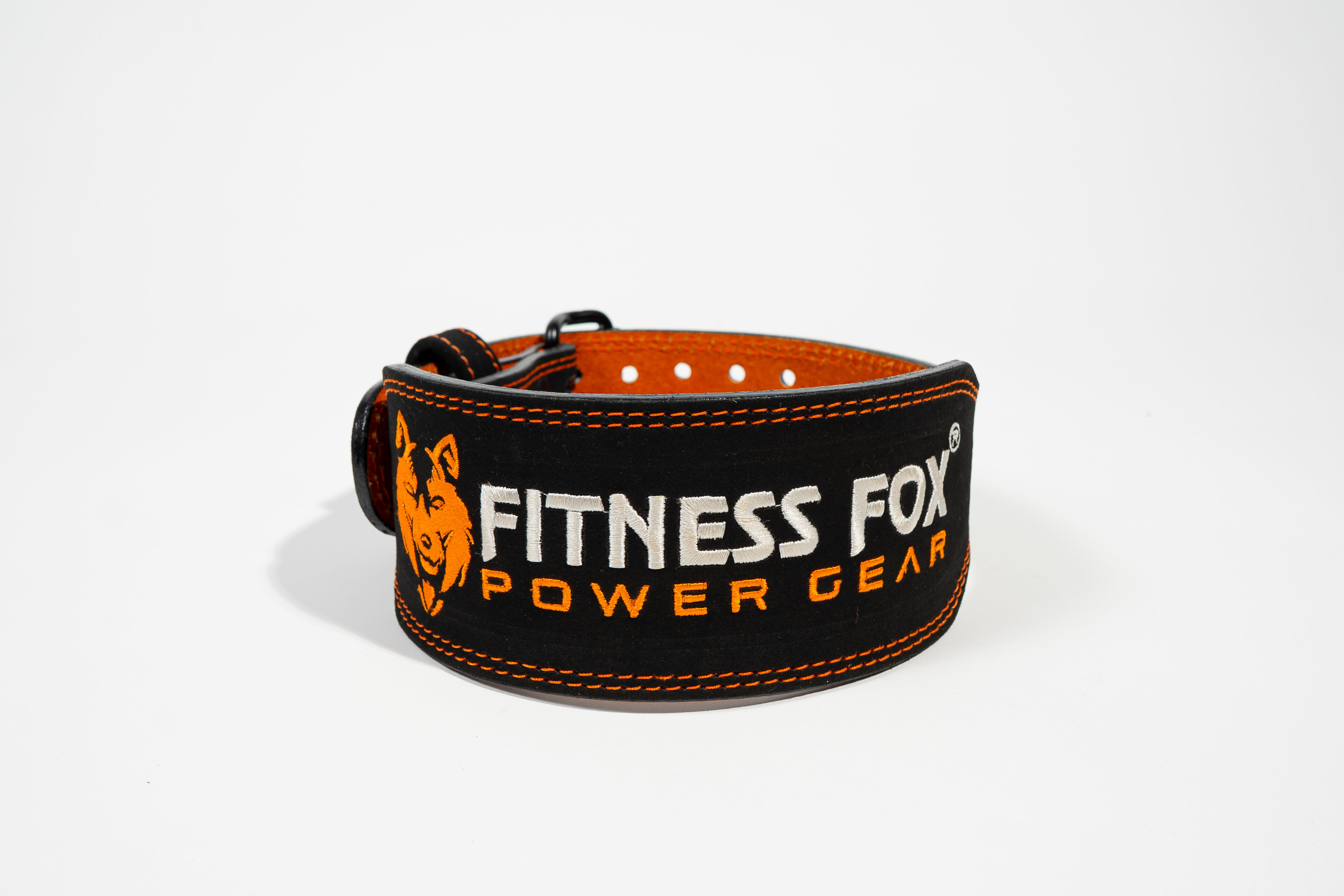 Front view — Fitness Fox 4-inch black suede leather weightlifting belt, front view with embroidered logo, NZ gym gear