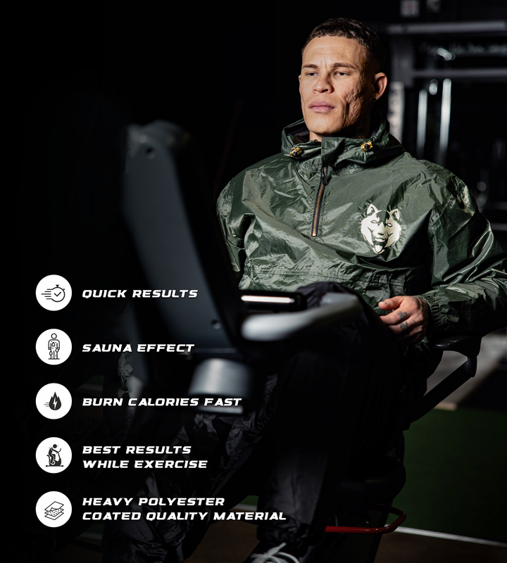 “Detail of hem locking band and cuff closures on the forest green sauna jacket to fine-tune ventilation and heat retention.”