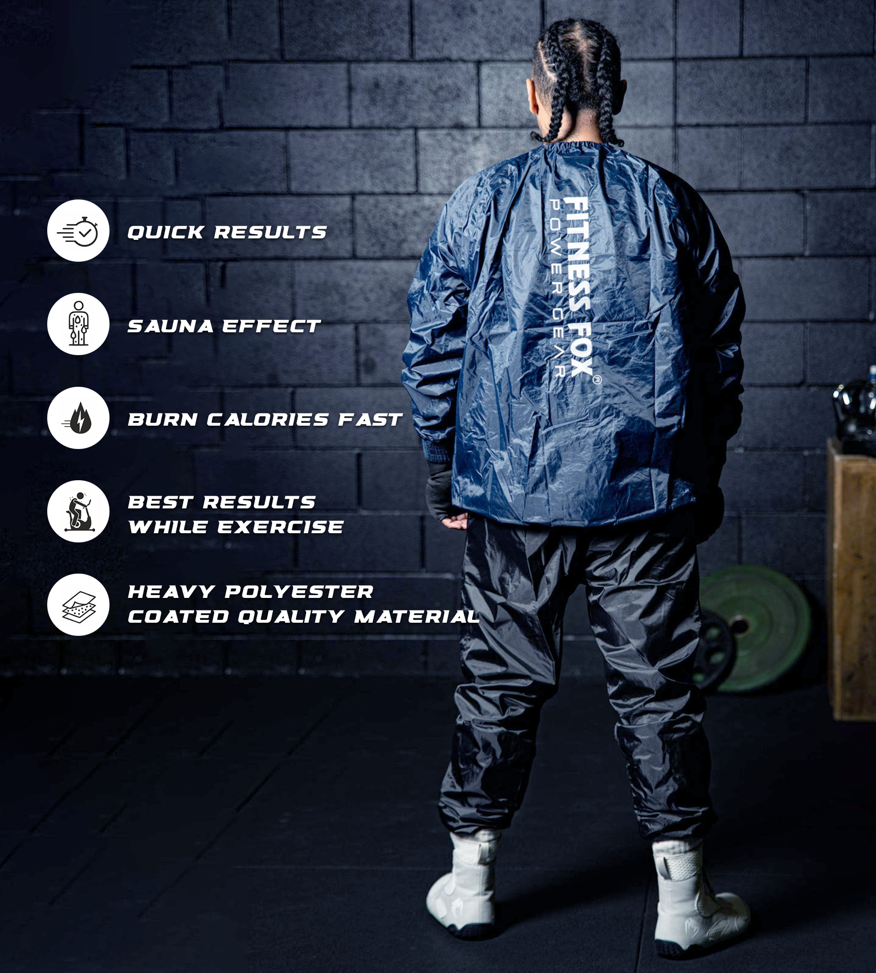 Detail shot of the side zip / double-layer design on the navy sauna jacket, demonstrating ventilation control and quick on-off convenience around training blocks.